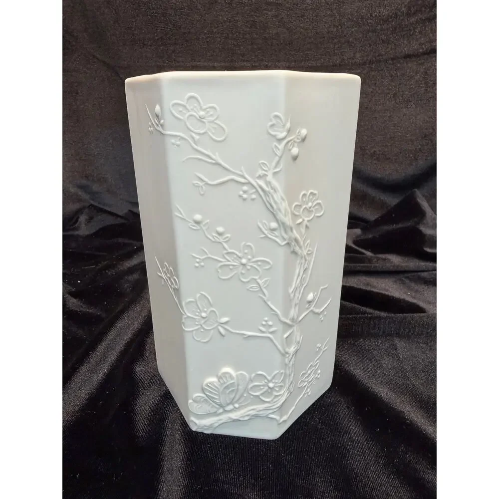 Vintage Matte Bisque Porcelain Butterfly & Cherry Blossom Hexagon Vase 7